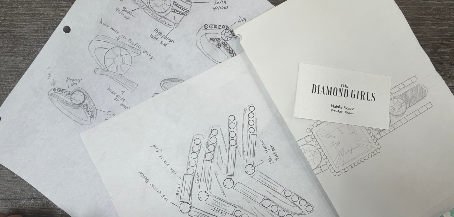 Hand-drawn jewelry design sketches with The Diamond Girls business card